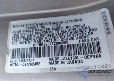 2003 Toyota Corolla Le from USA, damaged, VIN 2T1BR32E73C086555